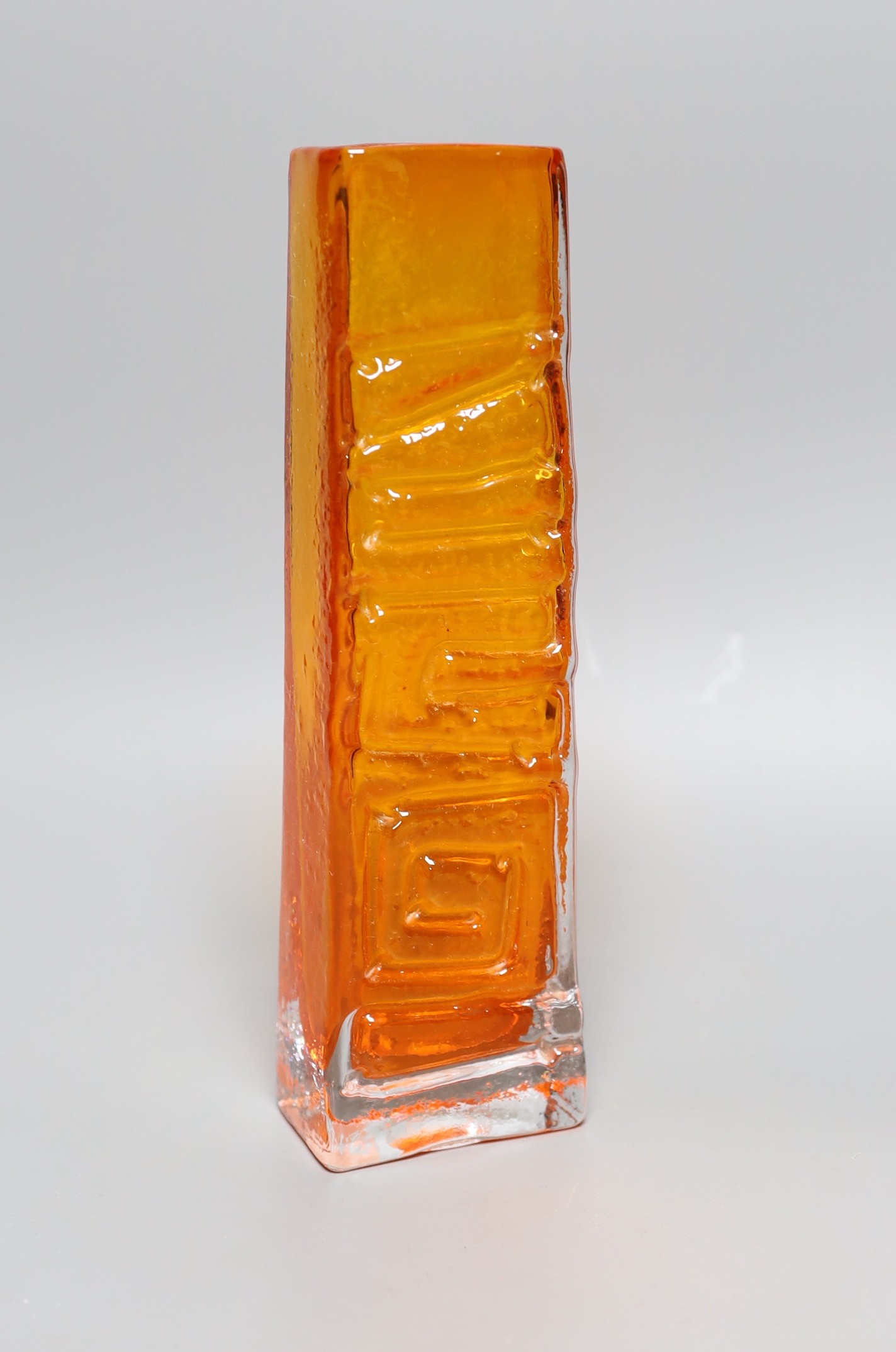 A Whitefriars 'Totem Pole' glass vase, designed by Geoffrey Baxter, pattern number 9671, tangerine glass, 27cm tall